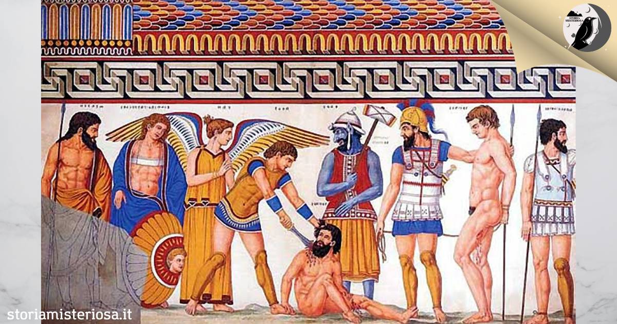 Storia Misteriosa - Ricostruzione dell'affresco della Tomba Francois di Vulci con la scena dell'uccisione dei prigionieri troiani da parte di Achille